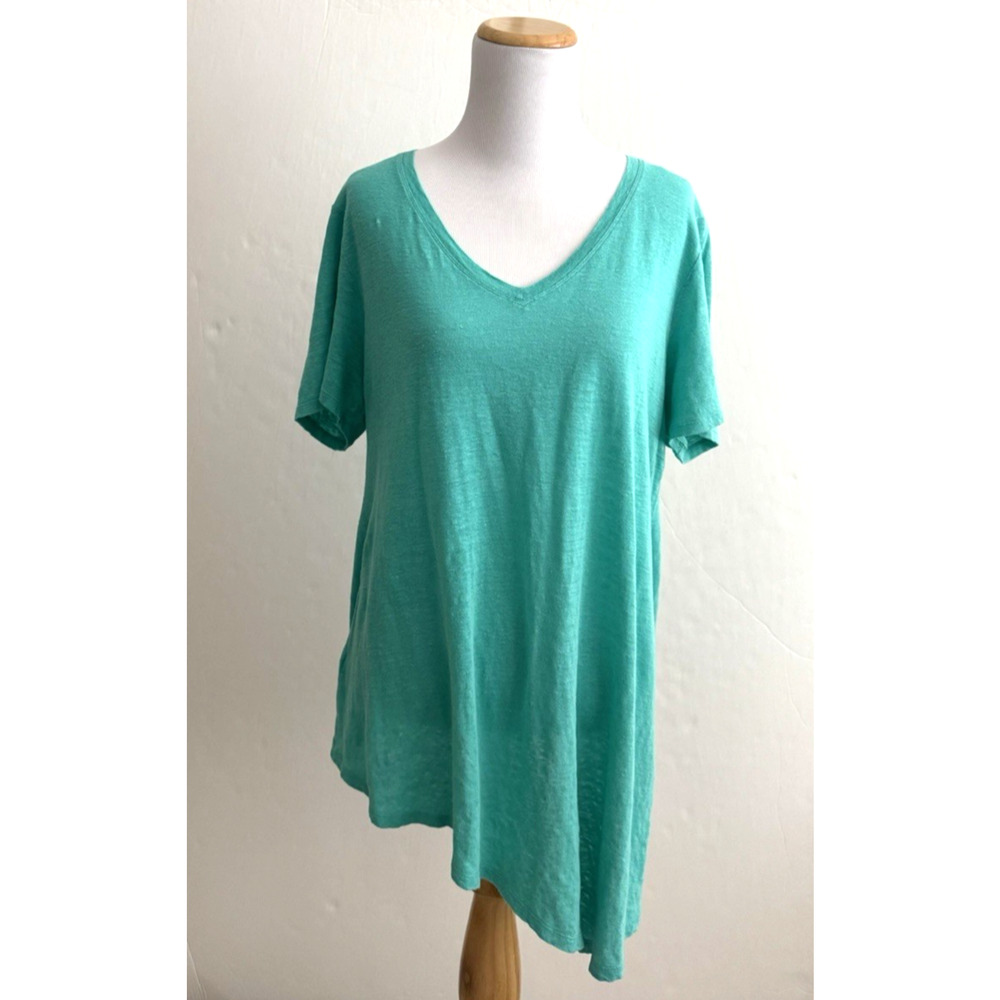 Eileen Fisher Short-Sleeve V-Neck Top L Sea Green Organic Linen Asymmetrical Hem